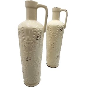 Decorative Set of 2 Stoneware Beige Handled Vase Vessels Home Decor